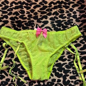 Very Sexy Little Things neon green mesh polka dot garter panty with pink bows